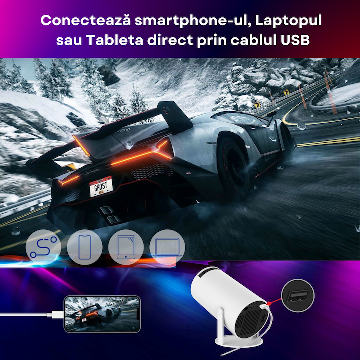 Videoproiector Smart LED Premium Castellano®, Portabil, 4K UltraHD, Android 11, Difuzor Incorporat, 5000 Lumeni, Wi-Fi6, Bluetooth 5.0, Proiectie Ajustabila, 200Ansi, Conexiune HDMI, USB si Mirroring Android/IOS, 1 GB RAM, 8 GB memorie, Rotatie 180 Grade