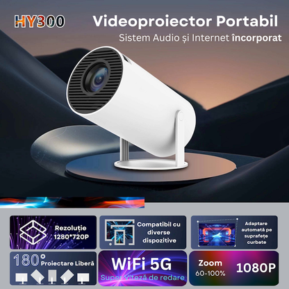 Videoproiector Smart LED Premium Castellano®, Portabil, 4K UltraHD, Android 11, Difuzor Incorporat, 5000 Lumeni, Wi-Fi6, Bluetooth 5.0, Proiectie Ajustabila, 200Ansi, Conexiune HDMI, USB si Mirroring Android/IOS, 1 GB RAM, 8 GB memorie, Rotatie 180 Grade